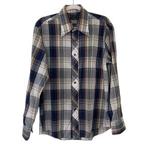 Vintage 70s JC Penney Plaid Disco Shirt Retro Wide Collar Long Sleeve L